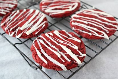 red velvet cookies on a cooling rack