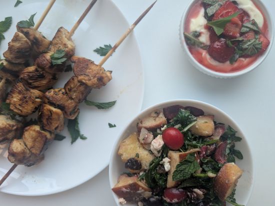 Herb chicken, salad and dessert